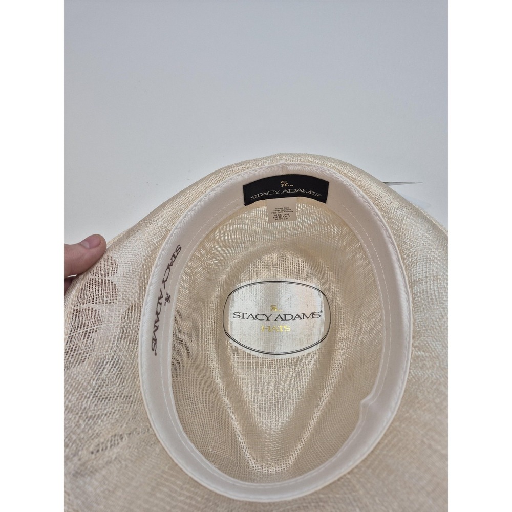 Stacy Adams Hat Fedora Fitted Mens M Beige Straw Feather Trim Gold Pin FLAW - Picture 5 of 10